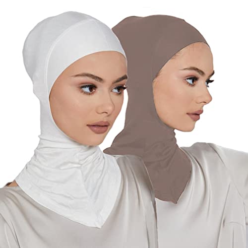 LMVERNA 2 Pieces Modal Hijab Cap Adjustable Muslim Stretchy Turban Full Cover Shawl Undercap Full Neck Coverage for Women (White+Light khaki) - Image 1