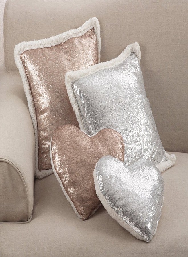 Fennco Styles Sequin and Sherpa Decorative Throw Pillow Shimmering Heart Shaped Accent Pillow 13" W X 14" L - Silver Cushion for Holiday, Couch, Living Room Decor and Valentine's Day - Image 4