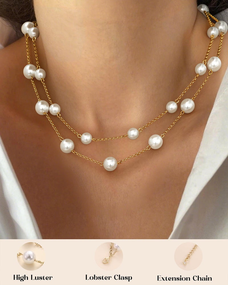 Ten Miro Chunky Gold Plated Imitation Pearl Necklaces for Women Trendy, White Double Layered Pearl Necklaces Elegant Multi Strand Pearls Choker Necklace for Women Stackable 8/10MM Imitation Pearls Statement Necklace - Image 5