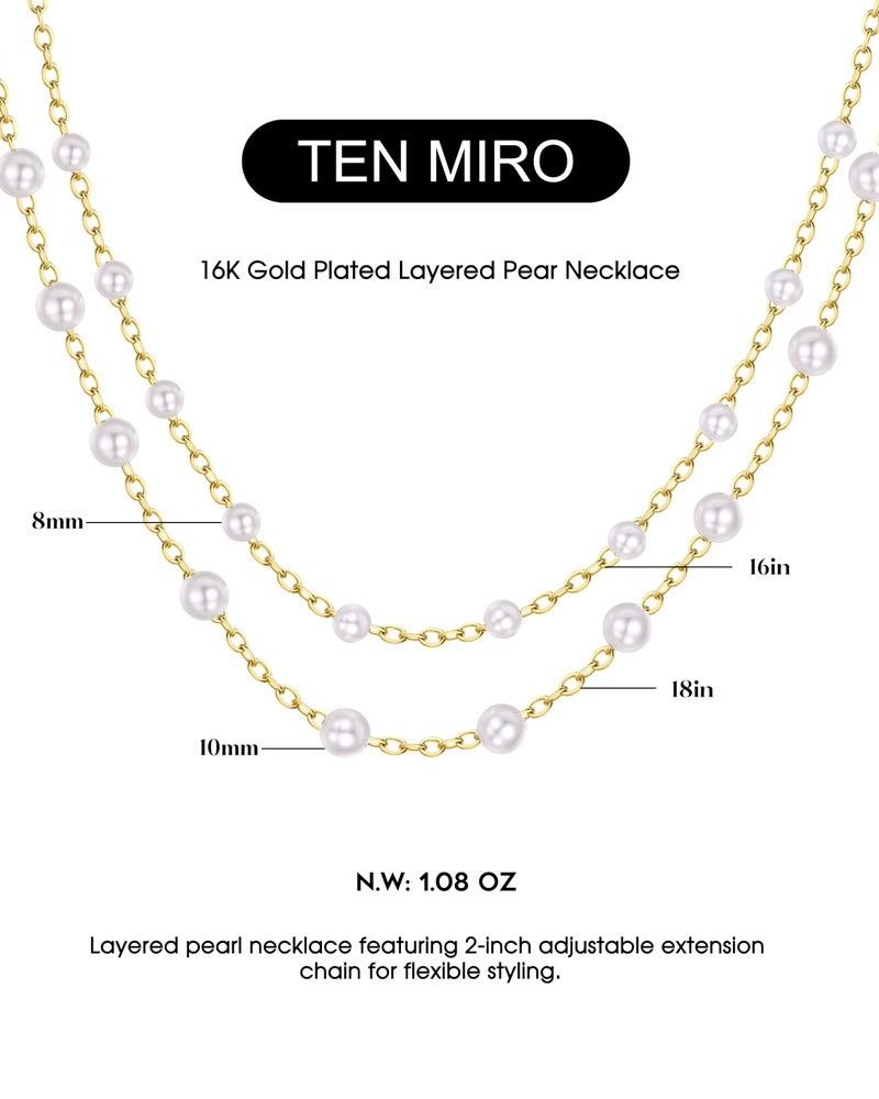 Ten Miro Chunky Gold Plated Imitation Pearl Necklaces for Women Trendy, White Double Layered Pearl Necklaces Elegant Multi Strand Pearls Choker Necklace for Women Stackable 8/10MM Imitation Pearls Statement Necklace - Image 4