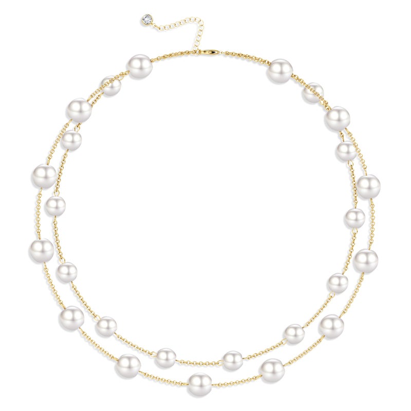 Ten Miro Chunky Gold Plated Imitation Pearl Necklaces for Women Trendy, White Double Layered Pearl Necklaces Elegant Multi Strand Pearls Choker Necklace for Women Stackable 8/10MM Imitation Pearls Statement Necklace - Image 1