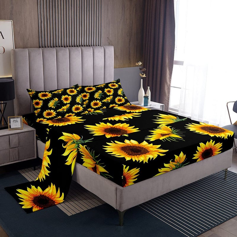 Feelyou Yellow Flowers Bed Sheet Set Sunflower Fitted Sheet Botanical Floral Sheet Set Queen Size Bedding 1 Flat Sheet 1 Sheet with 2 Pillowcases Black