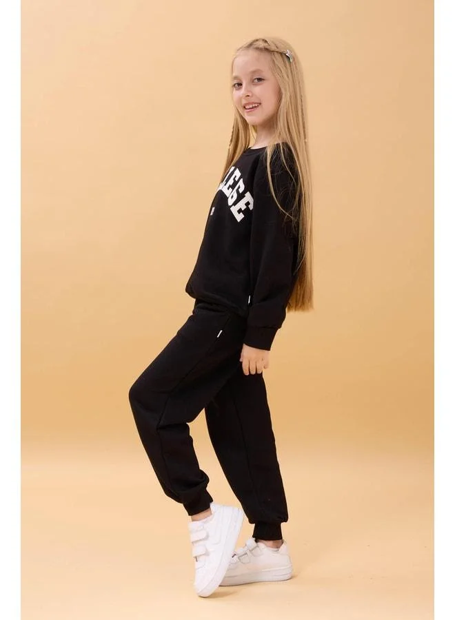 Perendi Girl's Crew Neck Embossed Letter Detailed 2-Piece Tracksuit Set without Fleece - Black