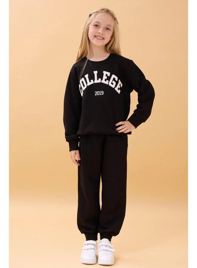 Perendi Girl's Crew Neck Embossed Letter Detailed 2-Piece Tracksuit Set without Fleece - Black