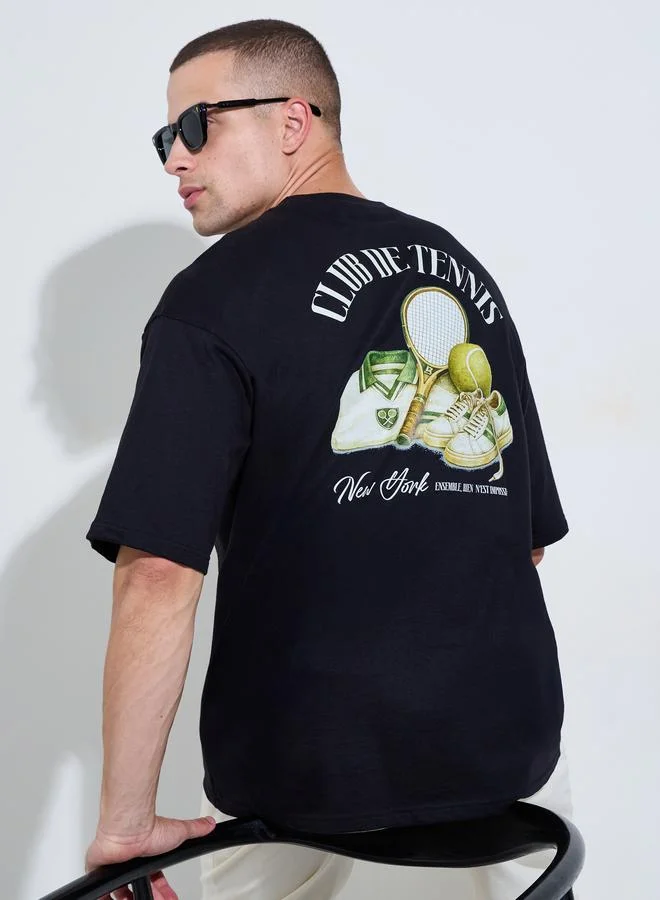 ستايلي Men Black Tennis Graphic Print Oversized T-Shirt