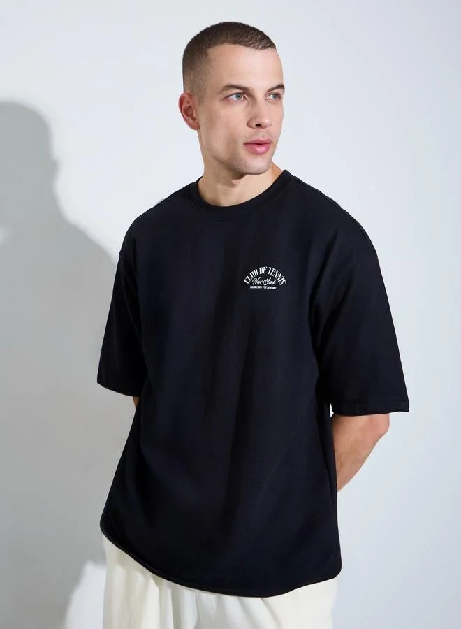 Styli Men Black Tennis Graphic Print Oversized T-Shirt