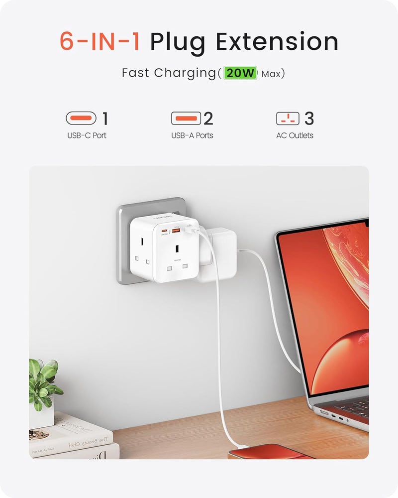 Multi Plug Extension, 3 Way 3 Plugs Socket adapter, 6-in-1 Cube Electrical Extender Outlet Adaptor, PD&QC 3.0 20W USB Wall Charger, Plug Expander for Home, Office, Kitchen, 13A 3250W - Image 2