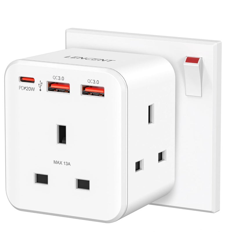 Multi Plug Extension, 3 Way 3 Plugs Socket adapter, 6-in-1 Cube Electrical Extender Outlet Adaptor, PD&QC 3.0 20W USB Wall Charger, Plug Expander for Home, Office, Kitchen, 13A 3250W - Image 1
