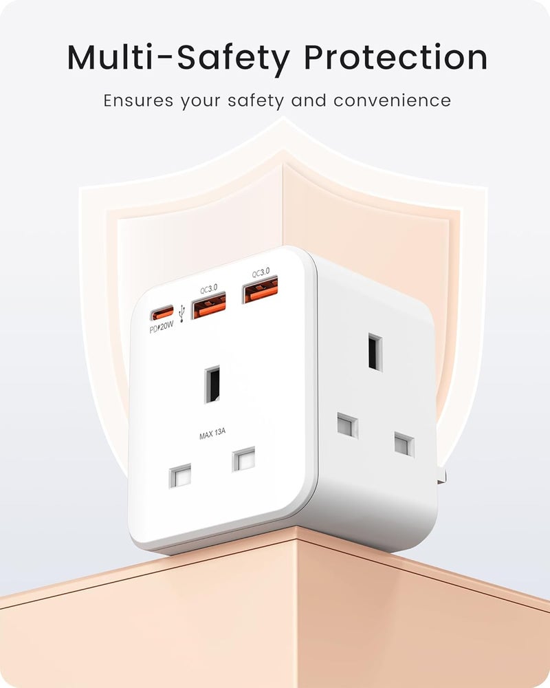 Multi Plug Extension, 3 Way 3 Plugs Socket adapter, 6-in-1 Cube Electrical Extender Outlet Adaptor, PD&QC 3.0 20W USB Wall Charger, Plug Expander for Home, Office, Kitchen, 13A 3250W - Image 5