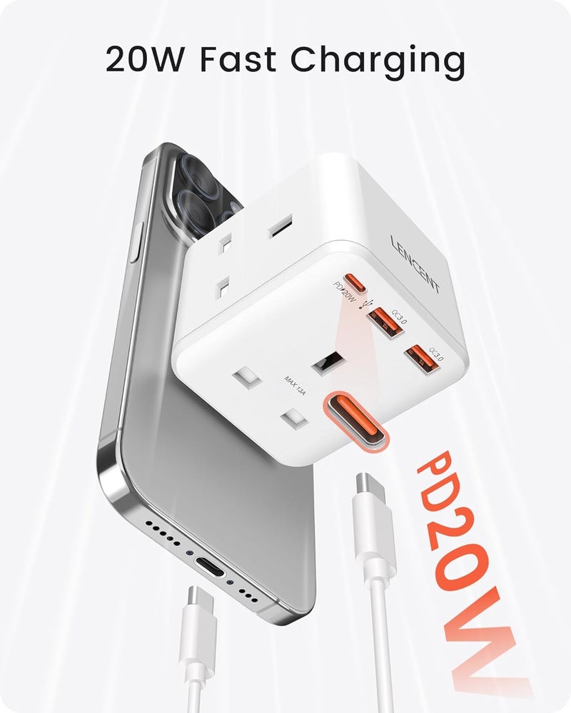 Multi Plug Extension, 3 Way 3 Plugs Socket adapter, 6-in-1 Cube Electrical Extender Outlet Adaptor, PD&QC 3.0 20W USB Wall Charger, Plug Expander for Home, Office, Kitchen, 13A 3250W - Image 3