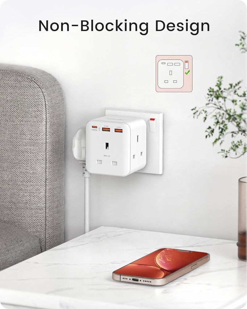 Multi Plug Extension, 3 Way 3 Plugs Socket adapter, 6-in-1 Cube Electrical Extender Outlet Adaptor, PD&QC 3.0 20W USB Wall Charger, Plug Expander for Home, Office, Kitchen, 13A 3250W - Image 4