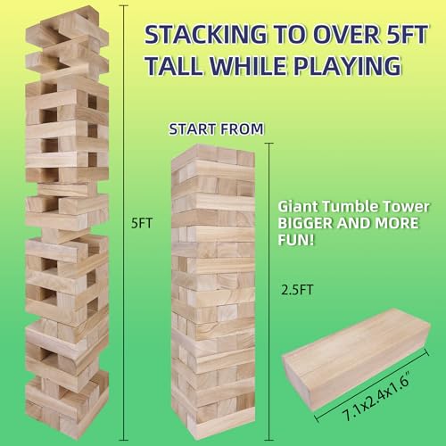 GOTHINK Giant Tumble Tower Game Large Tumbling Tower Stacking to Over 5 FT 54pcs Wooden Jumbo Blocks for Outside Yard Games with Carry Case Timber Stacking Game Night Toy Gift for Kids Adults Family - Image 5