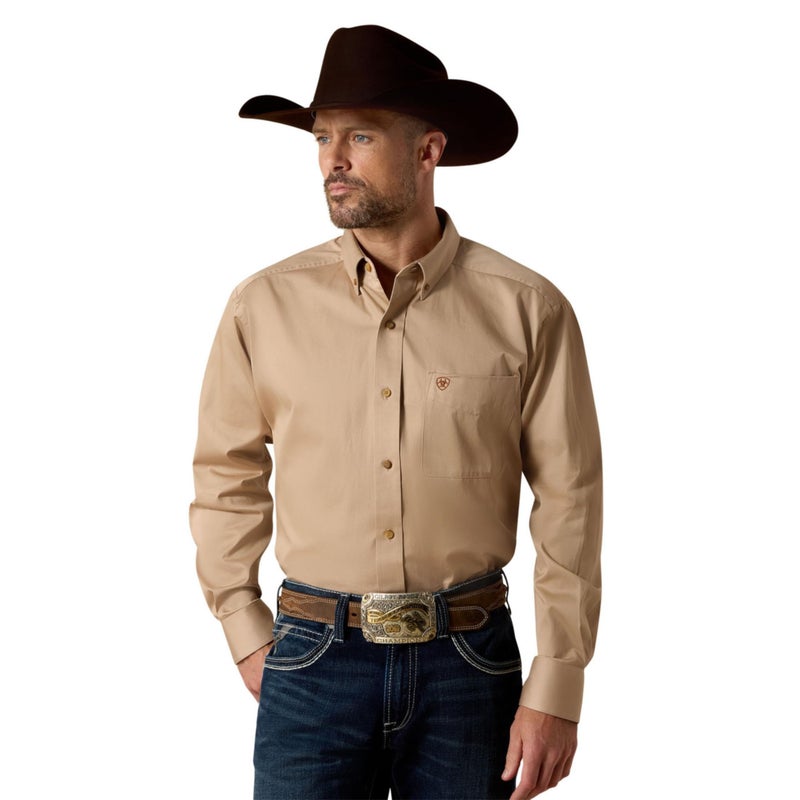 Ariat Solid Twill Classic Fit Shirt-Men's Long Sleeve Western Button-Down, Khaki, Small - Image 1