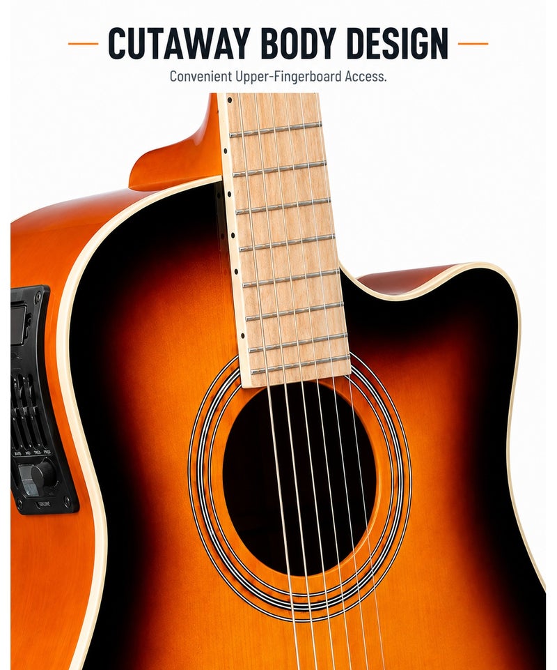 MegArya Acoustic Electric Guitar with Gig Bag, 6-String Cutaway Semi Acoustic Guitar with Onboard Control Panel, Sunburst Finish for Beginners, Students, Lessons, Practice & Everyday Playing - Image 4