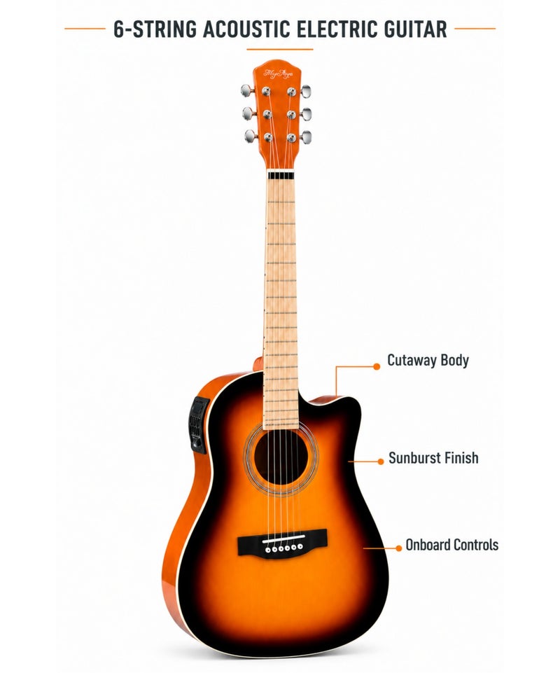 MegArya Acoustic Electric Guitar with Gig Bag, 6-String Cutaway Semi Acoustic Guitar with Onboard Control Panel, Sunburst Finish for Beginners, Students, Lessons, Practice & Everyday Playing - Image 2