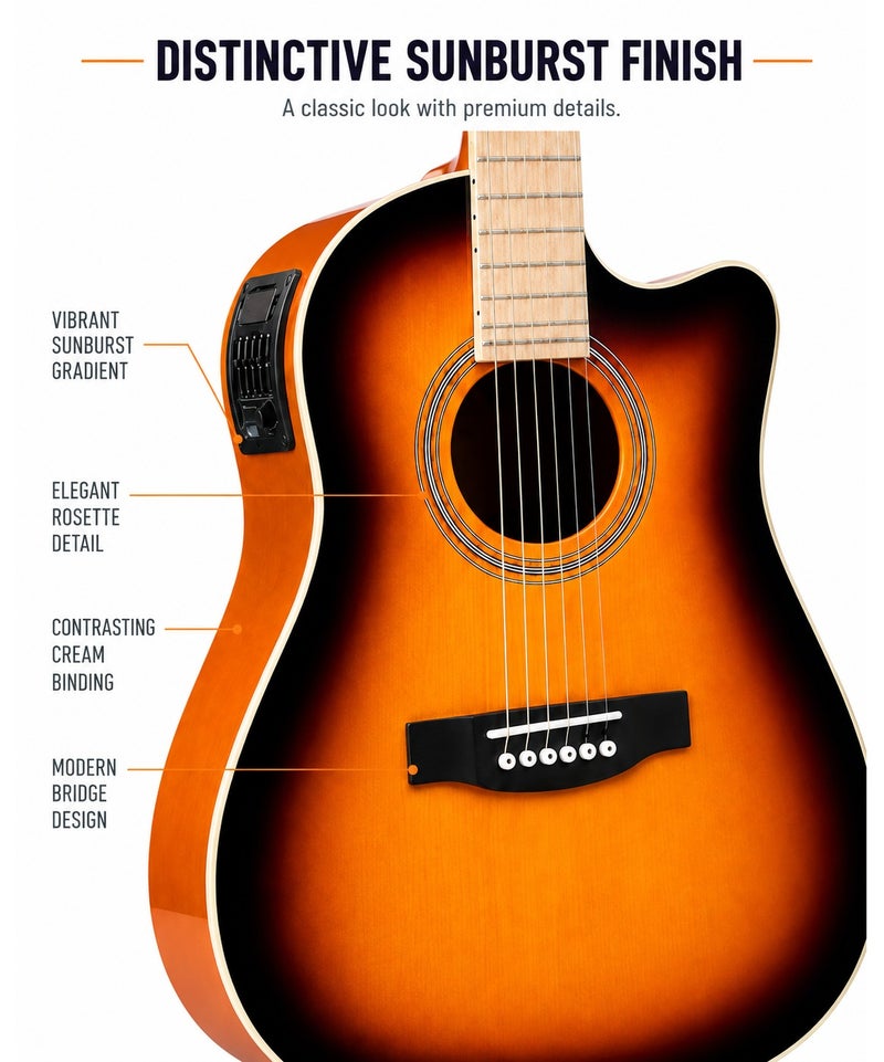 MegArya Acoustic Electric Guitar with Gig Bag, 6-String Cutaway Semi Acoustic Guitar with Onboard Control Panel, Sunburst Finish for Beginners, Students, Lessons, Practice & Everyday Playing - Image 3