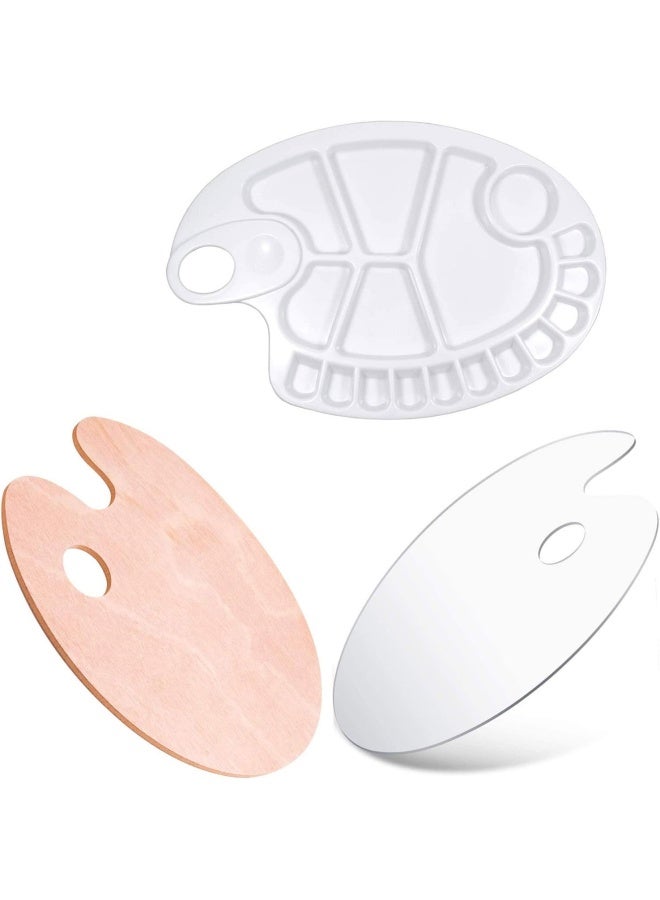 Premify 3 Pieces Paint Palettes, Wooden + Acrylic + Plastic 17 Wells Palette Set, Artist Pallete With Thumb Hole, Lightweight Smooth Oval Professional Painting Pallettes Mixing Tray For Adults Kids Artists - Image 1