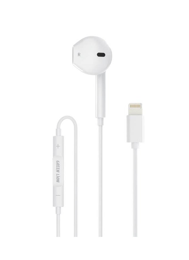 GREEN LION - Mono Earphone with Lightning Connector 1.2m with Control Buttons / Long Lasting / Clear Audio / Music / Hand-Free calls - White - Image 1