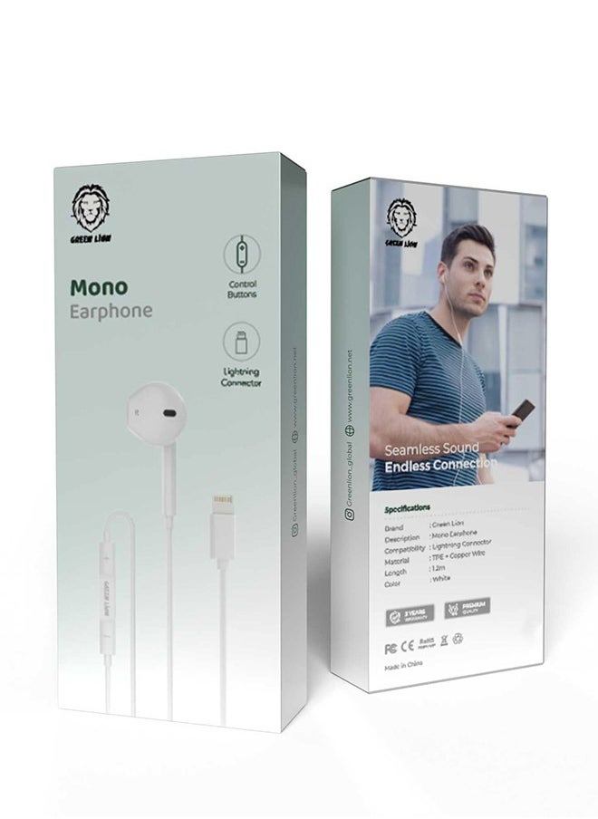 GREEN LION - Mono Earphone with Lightning Connector 1.2m with Control Buttons / Long Lasting / Clear Audio / Music / Hand-Free calls - White - Image 1