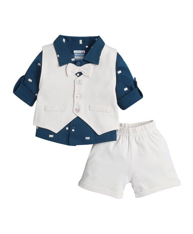 BUMZEE Boys Cotton Full Sleeves Shirt & Short Set With Waistcoat and Applique Bow Teal & Beige - 3-6 Months (Peb10526B-tel) - Image 1