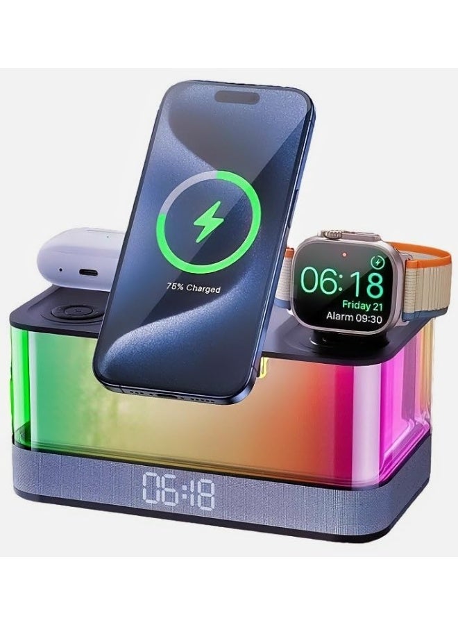 6-in-1 Foldable Wireless Charging Station with Bluetooth Speaker, LED Light & Clock Display - Image 1
