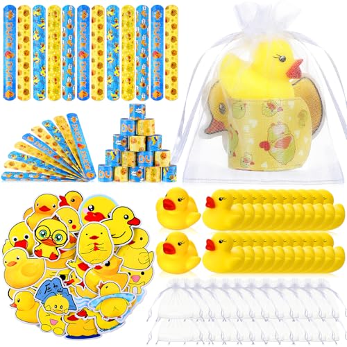 Realspring 122 Pcs Duck Party Favors 24 Pcs Mini Rubber Duck Slap Bracelets Stickers White Organza Bags Cute Gifts Supplies for Birthday Shower Prizes Decorations - Image 1