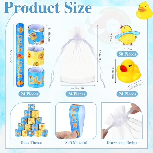 Realspring 122 Pcs Duck Party Favors 24 Pcs Mini Rubber Duck Slap Bracelets Stickers White Organza Bags Cute Gifts Supplies for Birthday Shower Prizes Decorations - Image 5