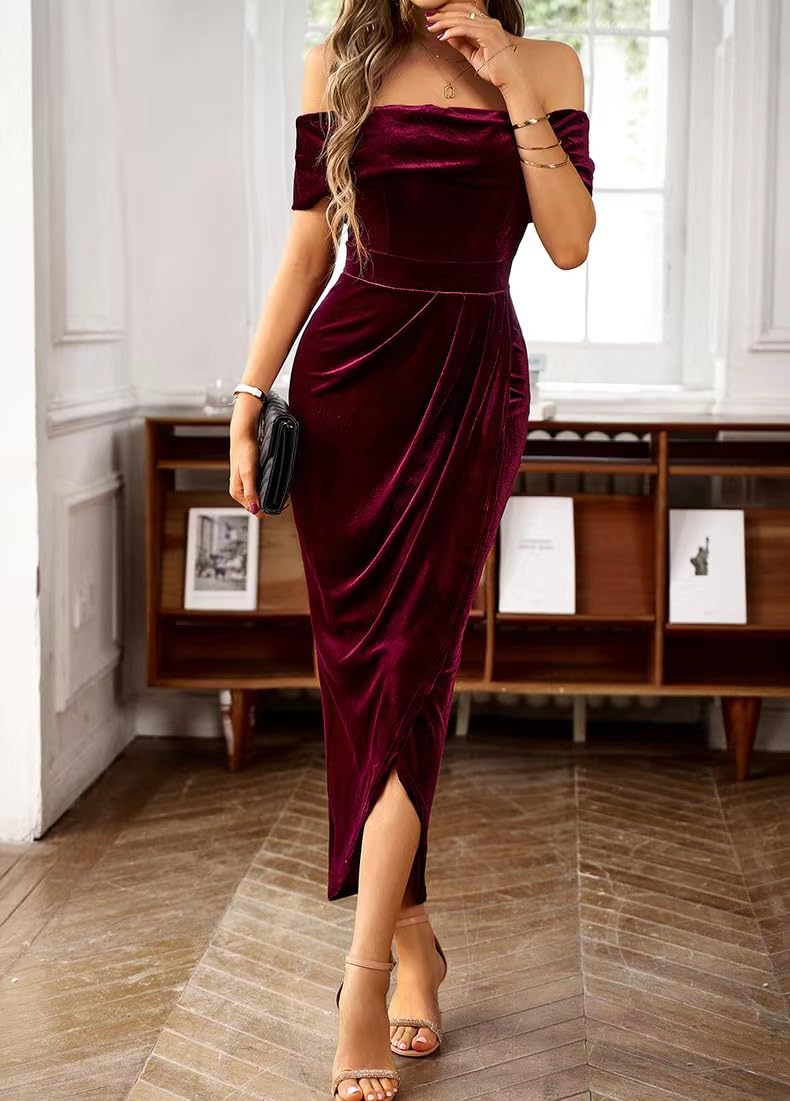 Sumleno Off The Shoulder Vintage Velvet Bodycon Midi Dress for Women Wrap Slit Elegant Cocktail Party Evening Pencil Dress (M,Burgundy) - Image 3