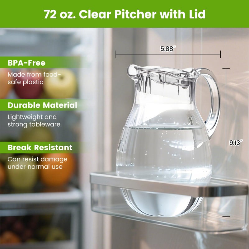 Meolibour Middle Size Clear Plastic Pitcher with Lid (72 oz), Unbreakable Water Pitcher with Handle, Fridge Jug, BPA-Free, Shatter-Proof, Great for Iced Tea, Sangria, Lemonade, Juice, Milk, and More - Image 4