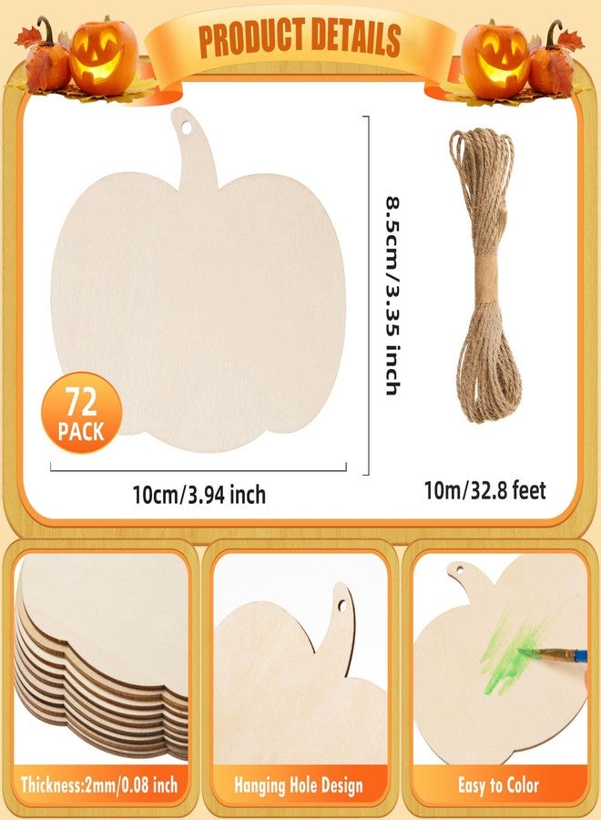 AWIZOM 72 Pcs Pumpkin Wood Cutouts Unfinished Fall Wooden Ornaments Blank Pumpkin Wooden Slices with Hole Thanksgiving Hanging Decoration with Twine for Halloween Autumn Harvest DIY Crafts,3.94x3.35 - Image 2
