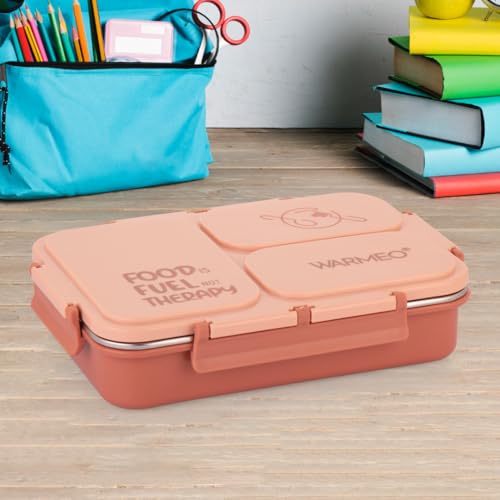 WARMEO Brunch 3 Insulated Lunch Box with Three Compartment BPA Free, Food Grade Ideal for School, Picnic, Office & Outdoor - 750ml Deep Coral, Stainless Steel - Image 2
