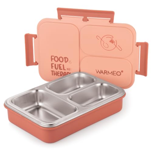 WARMEO Brunch 3 Insulated Lunch Box with Three Compartment BPA Free, Food Grade Ideal for School, Picnic, Office & Outdoor - 750ml Deep Coral, Stainless Steel - Image 1