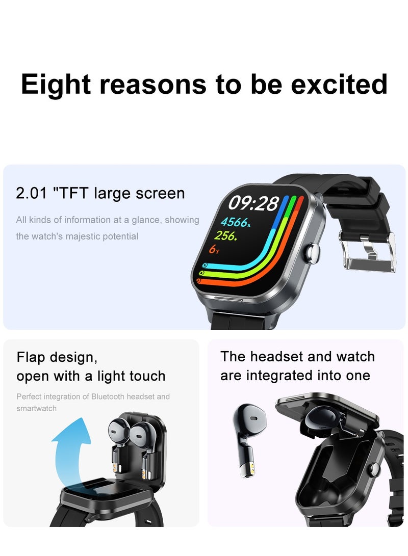 D8Pro 2.01 Inch TFT Smartwatch with Earbuds Smartwatch TWS Wireless Bluetooth Earphones Health Monitor Fitness Tracker Bluetooth Call Music Player (Gray Silicone) - Image 3