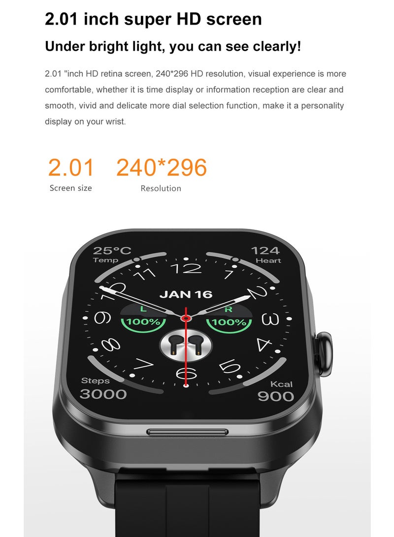 D8Pro 2.01 Inch TFT Smartwatch with Earbuds Smartwatch TWS Wireless Bluetooth Earphones Health Monitor Fitness Tracker Bluetooth Call Music Player (Gray Silicone) - Image 5