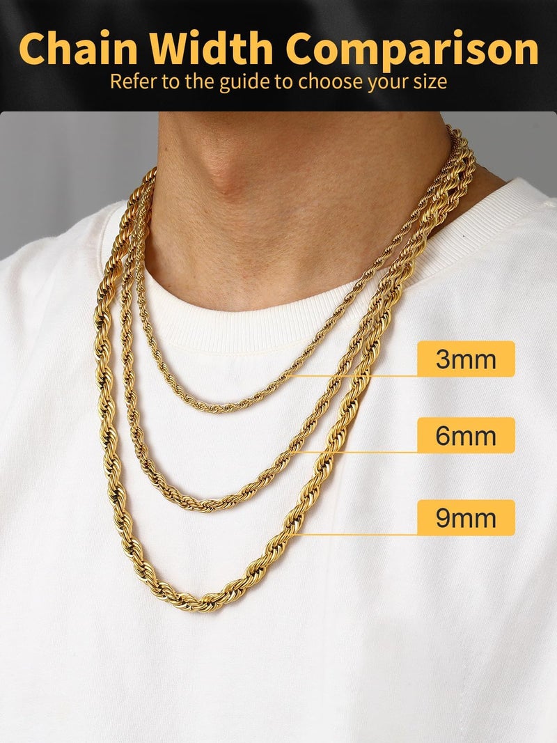 U7 Rope Chain for Men 18K Gold Plated Hip Hop Link 9MM Chunky Twisted Rope Chain Necklace 22 Inch - Image 4