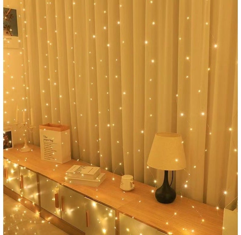 JAYATO 3x3M LED Curtain Fairy Lights with Remote, 300 LEDs Warm White USB String Lights, 8 Modes Decorative Lights for Bedroom, Garden, Diwali, Ramadan, Wedding, Party & Home Decor - Image 1