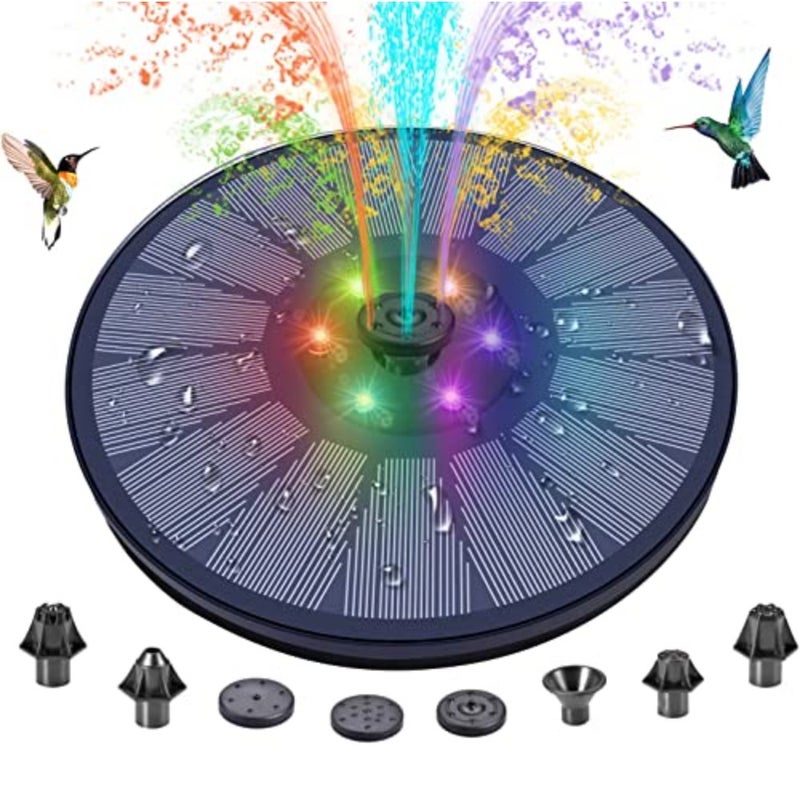 Solar Fountain Pump with 6 Color LED Lights Upgrade 3W Solar Water Pump 7 Nozzles 4 Anti-Collision Bars for Garden, Landscape, Bird Bath, Patio, Pond, Outdoor Decor - Image 1