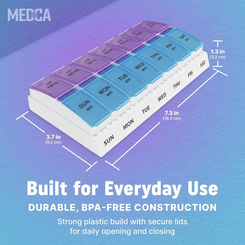 MEDca Weekly AM/PM Pill Organizer - 7 Day Medicine Planner with Large Pop-Out Daily Compartments, Easy Open 2-Times-a-Day Pill Case for Travel That Holds Big Size Vitamins & Supplements, Blue and Purple - Image 5