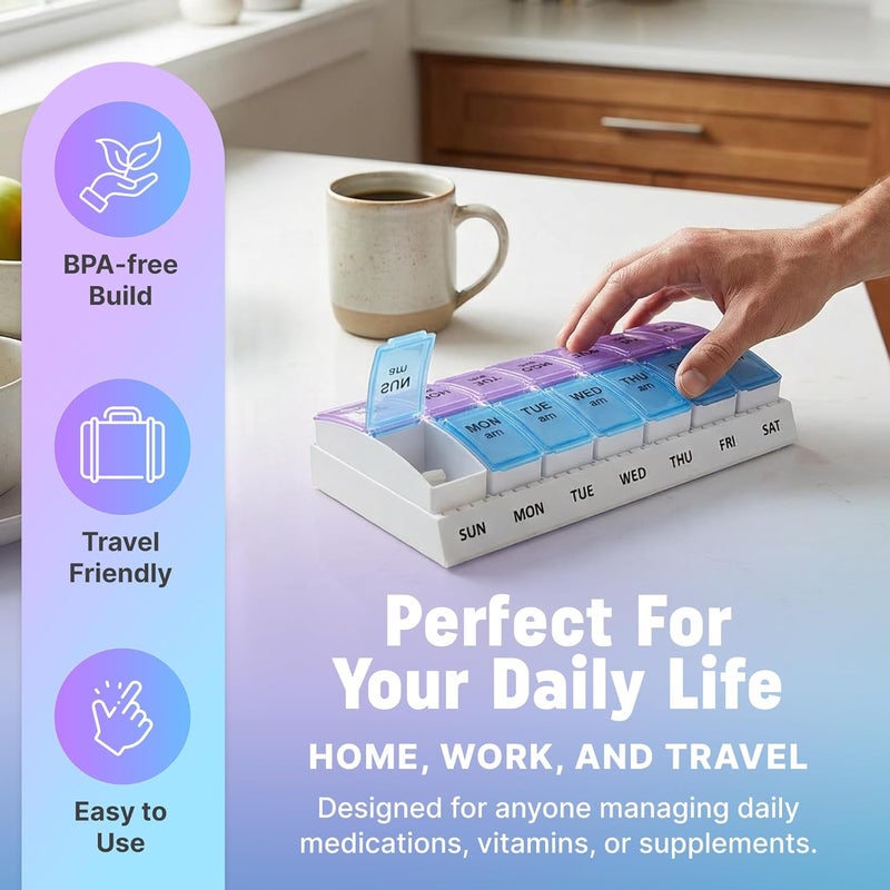 MEDca Weekly AM/PM Pill Organizer - 7 Day Medicine Planner with Large Pop-Out Daily Compartments, Easy Open 2-Times-a-Day Pill Case for Travel That Holds Big Size Vitamins & Supplements, Blue and Purple - Image 4
