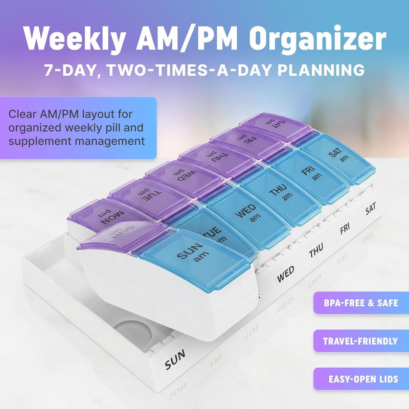 MEDca Weekly AM/PM Pill Organizer - 7 Day Medicine Planner with Large Pop-Out Daily Compartments, Easy Open 2-Times-a-Day Pill Case for Travel That Holds Big Size Vitamins & Supplements, Blue and Purple - Image 3