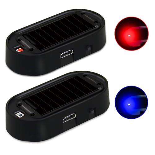 Shudyear Car Solar Power Simulated Dummy Alarm，New Model&Brighter & Clearer，Anti-Theft LED Flashing Security Light Fake lamp with USB Charger Port，2PCS (Red & Blue) - Image 1