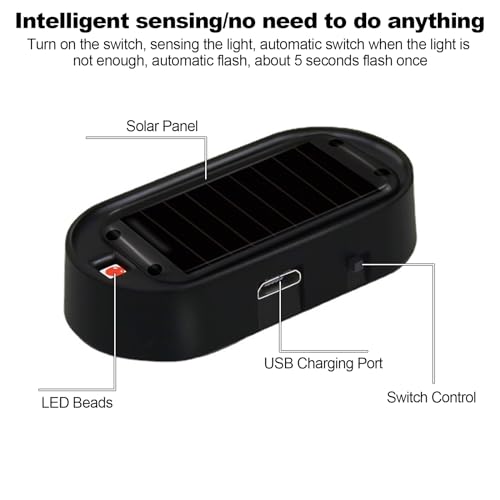 Shudyear Car Solar Power Simulated Dummy Alarm，New Model&Brighter & Clearer，Anti-Theft LED Flashing Security Light Fake lamp with USB Charger Port，2PCS (Red & Blue) - Image 2