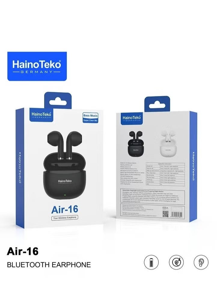Haino Teko - Wireless AIR-16 In-Ear Bluetooth Earphones | Premium Quality with Free Cover & Hook | Compatible with iOS & Android Devices | Sleek Black Design, Comfortable Fit, Superior Sound - Image 1
