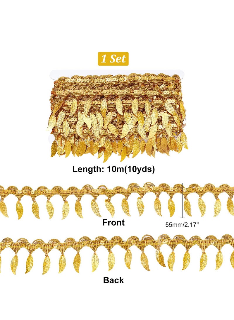 Excefore Bow Tie Shaped Sequin Tassel Trim, 10 Yards Leaf Shape Gold Tassel Trim, 2 Inch Width Belly Dance Tassels Trim Fringe Lace, Tassel Fringe Trim for Clothing Belt Hat Decoration Sewing (Gold) - Image 3