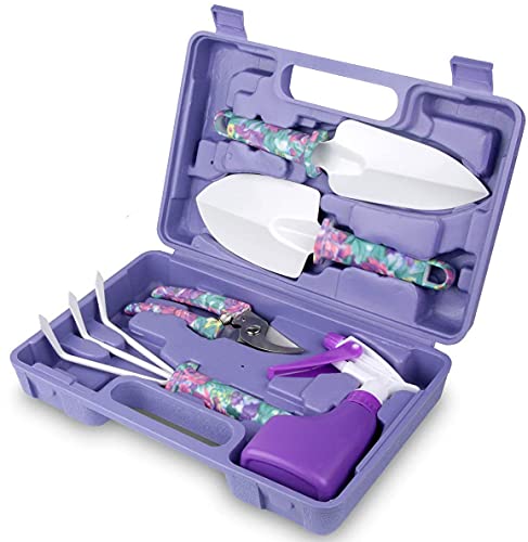 LEKEONE Gardening Tools5 Pieces Garden Tools with Floral Print Ergonomic Handle Trowel Rake Weeder Pruner Shears SprayerGardening Supplies with Carrying Case Gifts for Women - Image 1