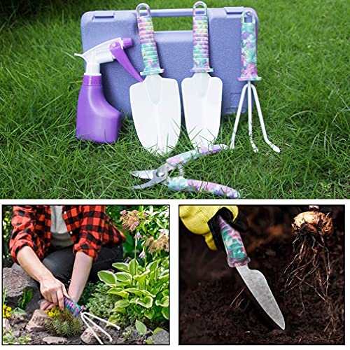 LEKEONE Gardening Tools5 Pieces Garden Tools with Floral Print Ergonomic Handle Trowel Rake Weeder Pruner Shears SprayerGardening Supplies with Carrying Case Gifts for Women - Image 3