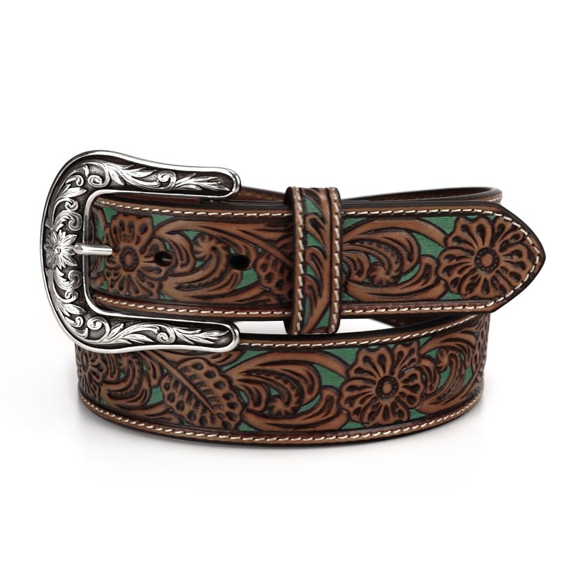 ARIAT Women's Floral Pierced Leather Turquoise Underlay Belt, Tan, X-Large - Image 2