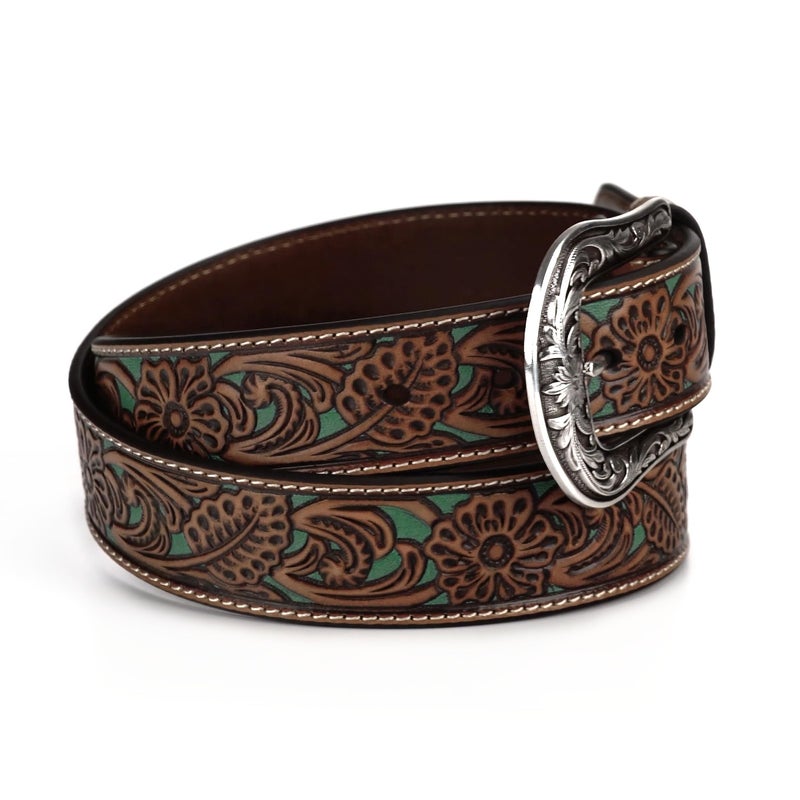 ARIAT Women's Floral Pierced Leather Turquoise Underlay Belt, Tan, X-Large - Image 4