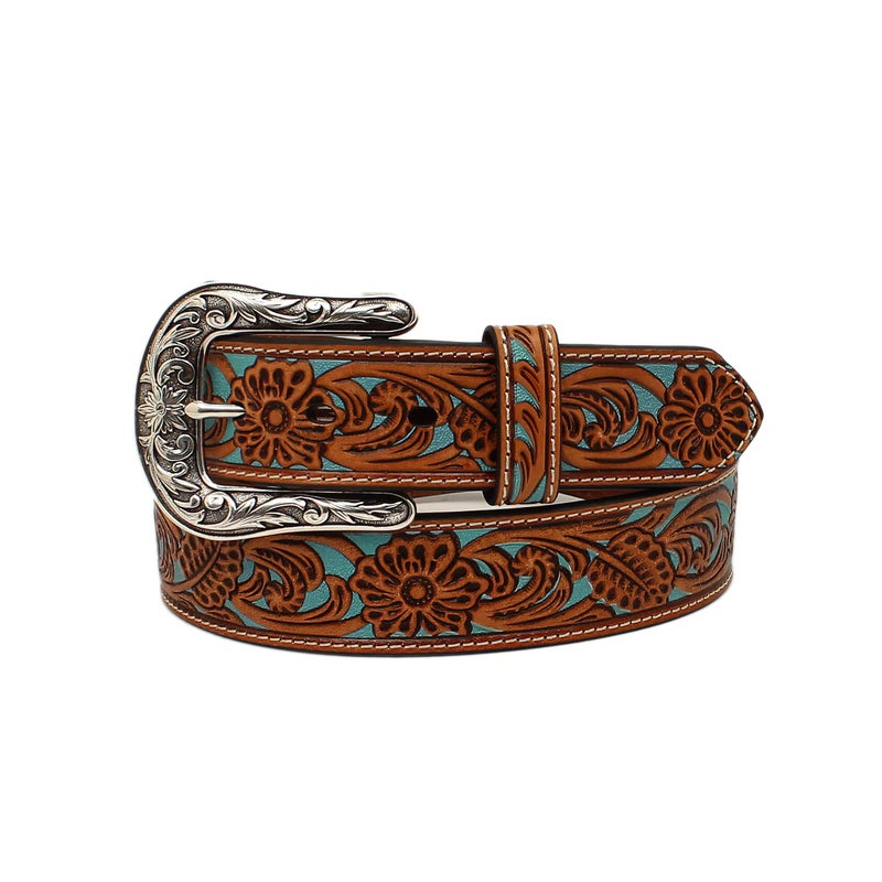 ARIAT Women's Floral Pierced Leather Turquoise Underlay Belt, Tan, X-Large - Image 1