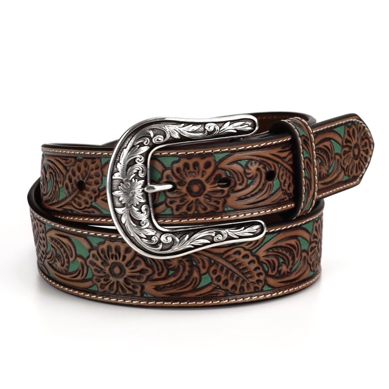 ARIAT Women's Floral Pierced Leather Turquoise Underlay Belt, Tan, X-Large - Image 3